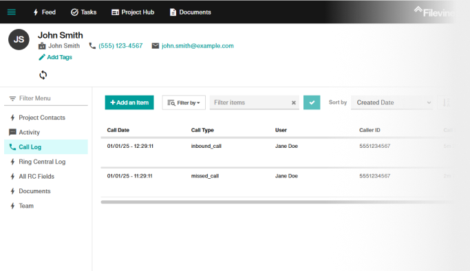 Screenshot of Filevine + Ring Central interface